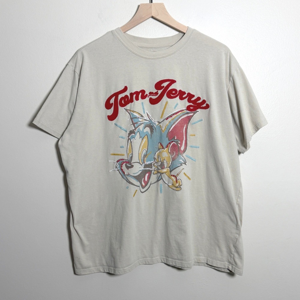 Freeze Mens Cotton T-Shirt 2X Beige Tom and Jerry Embroidered Graphic Cartoon